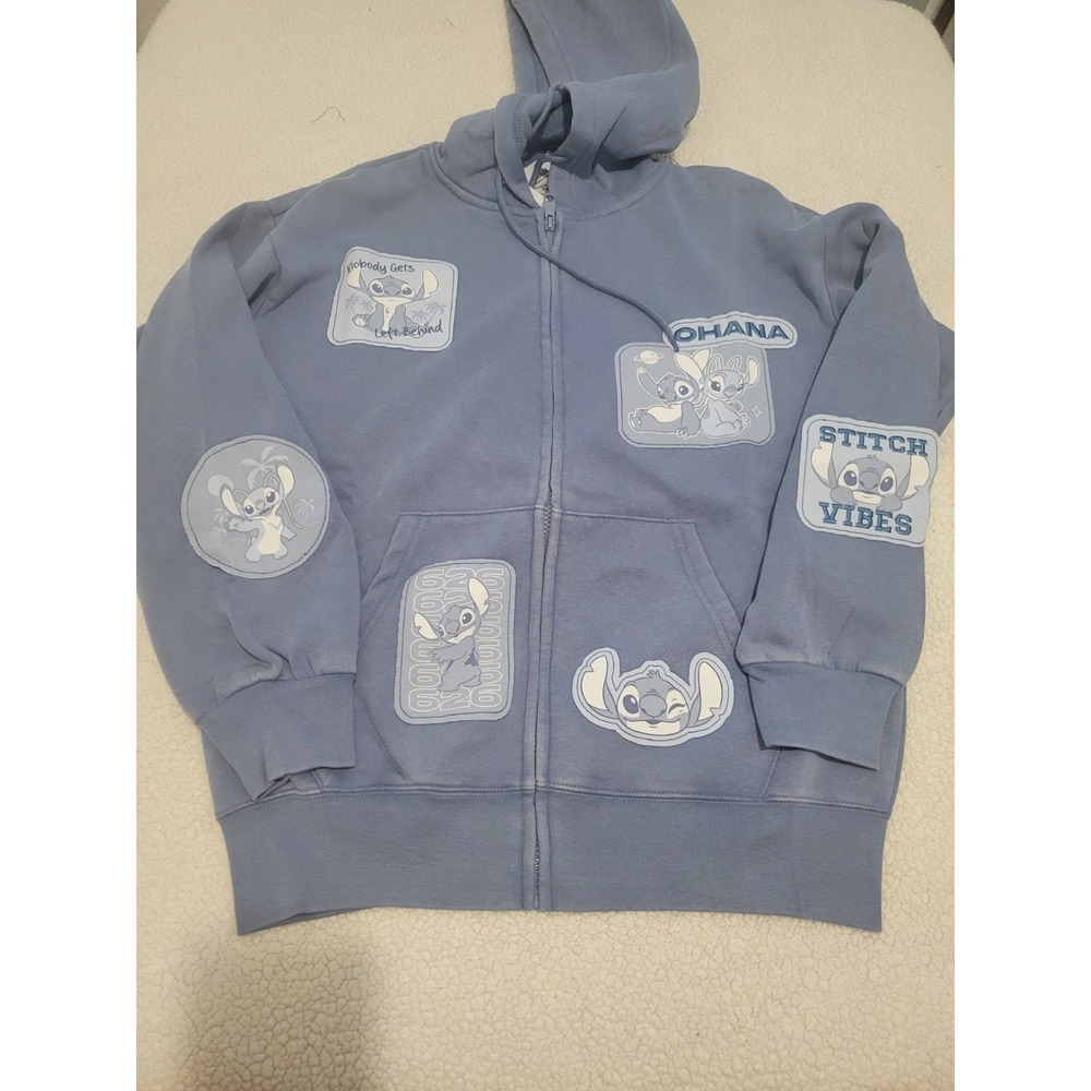 Disney Lilo Stitch Women Holiday Blue Full Zip Character Patches ZipUp Hoodie XS